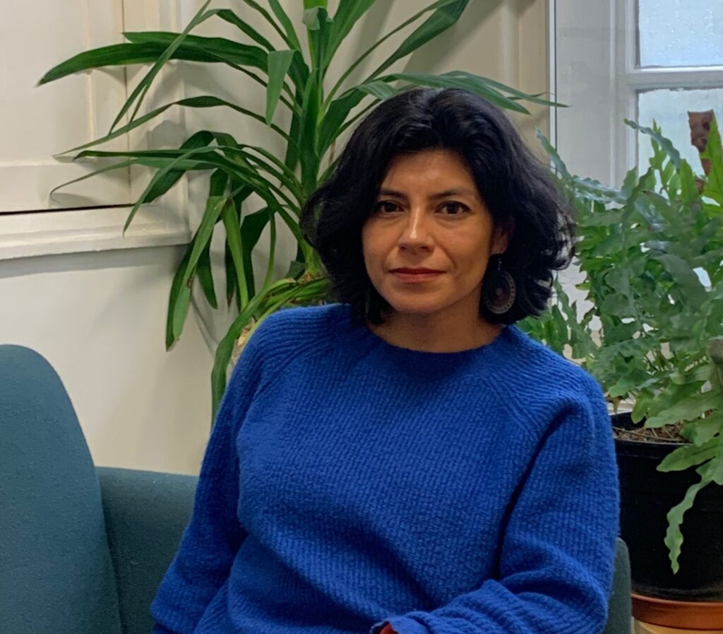 A woman sits on a blue sofa in front of a plant facing the camera.