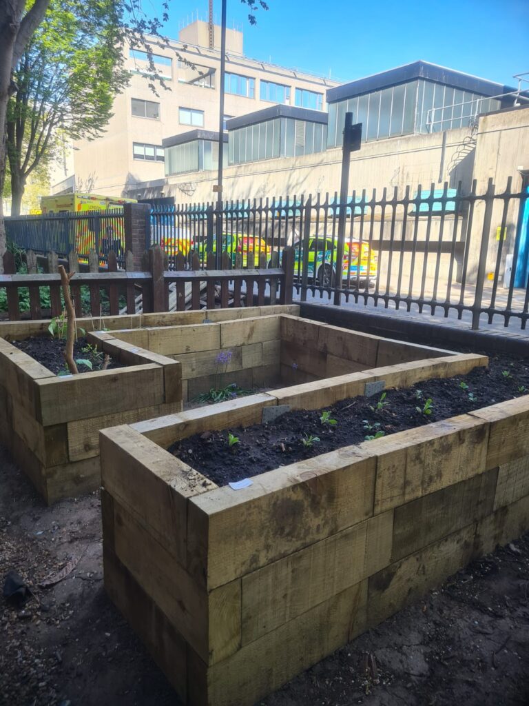 A photo of a planter in a garden